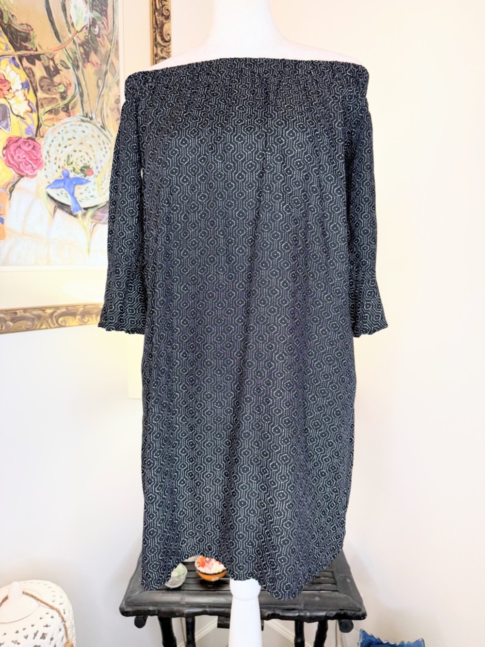 Old Navy Off Shoulder Dress XS Black Boho Peasant Shift Mini 3/4 Sleeve
